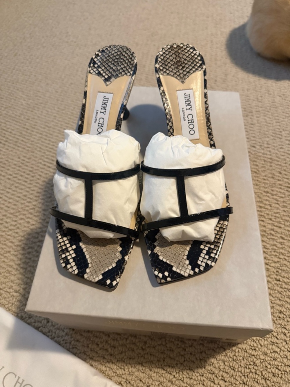 Jimmy Choo Ria Black & White Snake-Print Slide Mules
